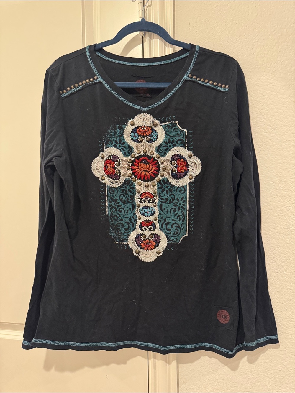 Double D Ranch Black Long Sleeve Top with Turquoise Trim and Embroidered Cross